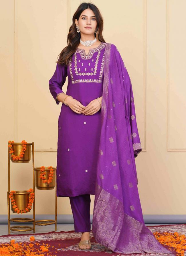 Viscose Chanderi Purple Casual Wear Sequins Work Readymade Suit